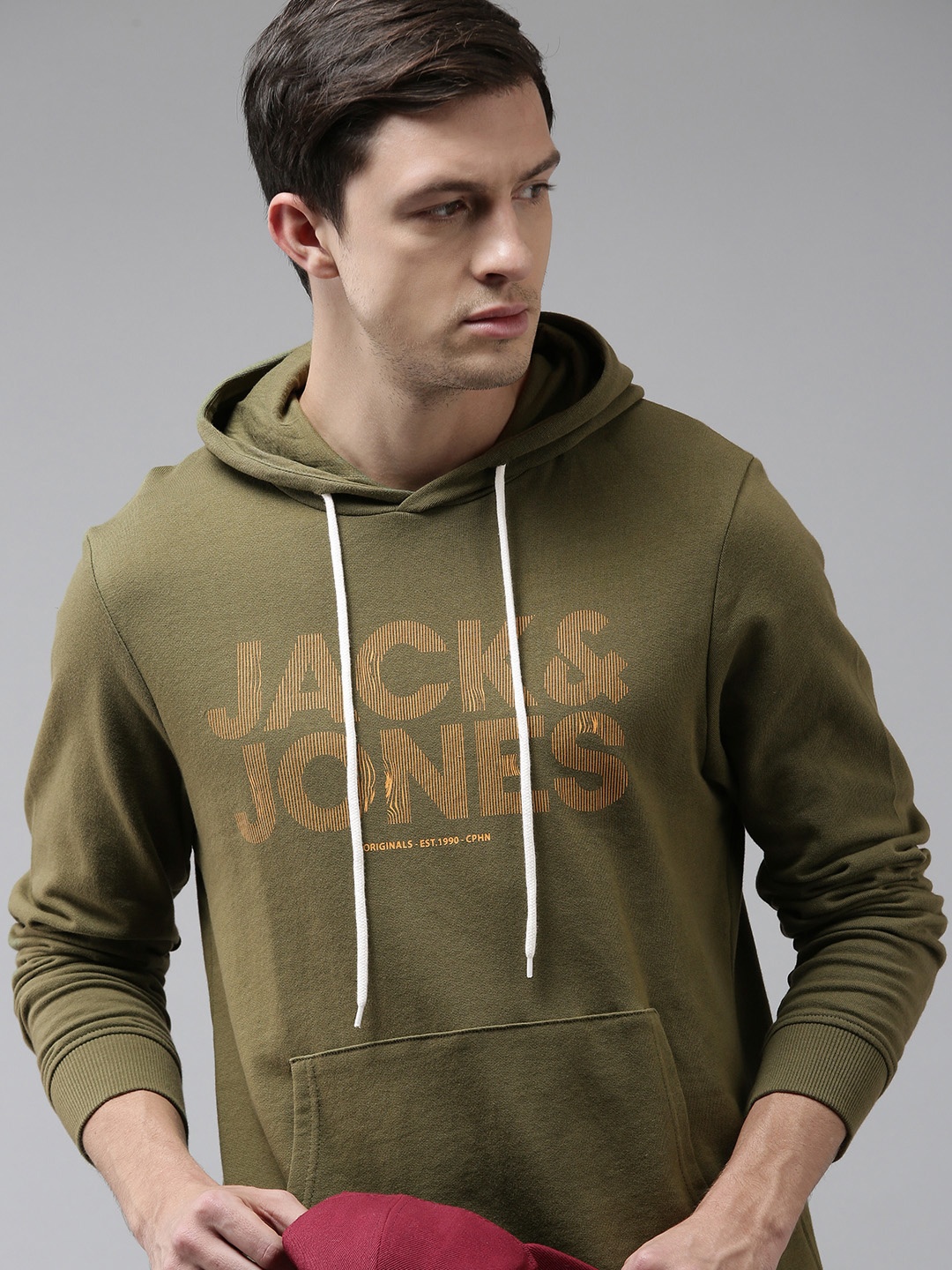 

Jack & Jones Men Olive Green Printed Hooded Sweatshirt