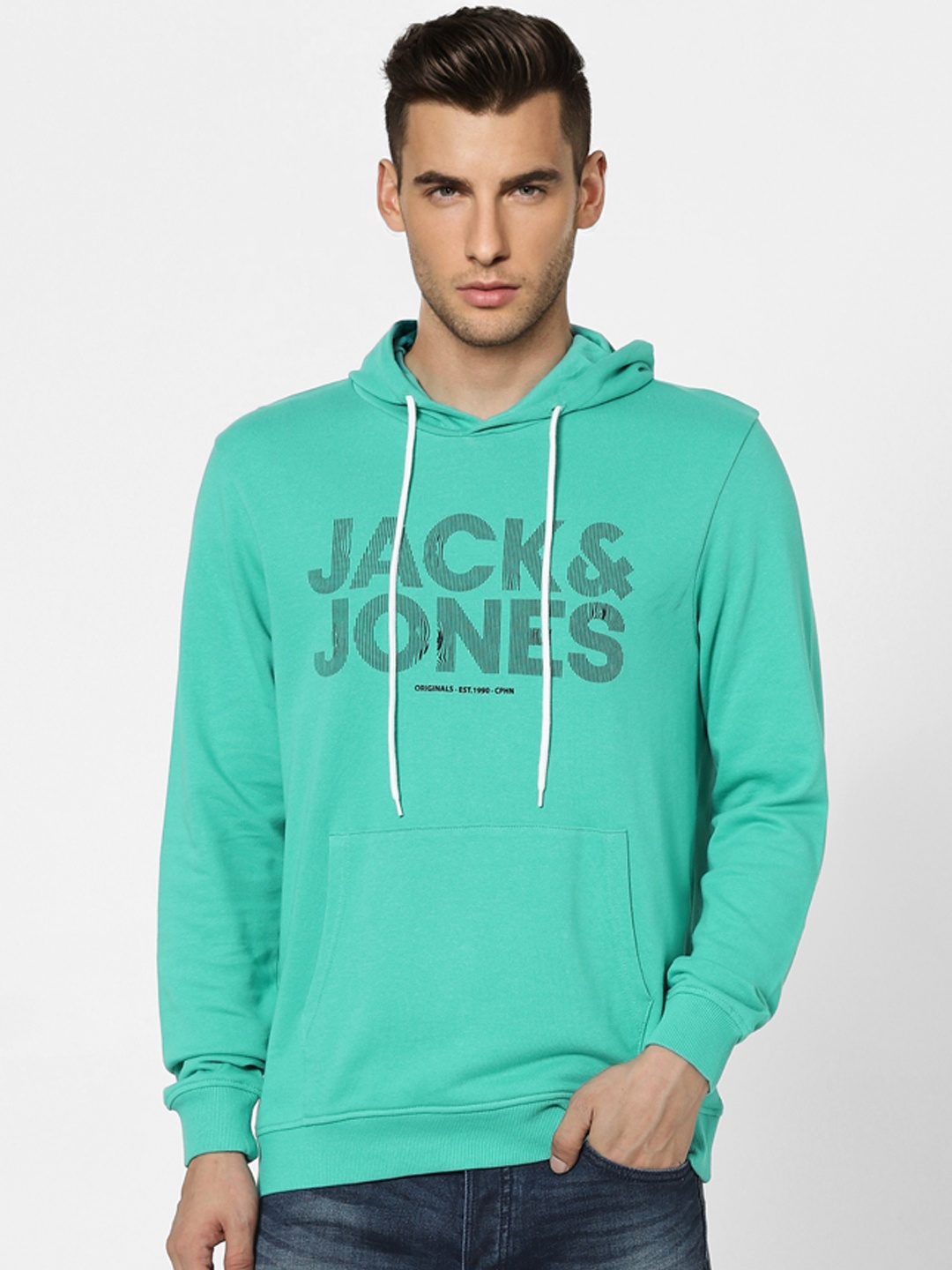 

Jack & Jones Men Sea Green Printed Hooded Sweatshirt