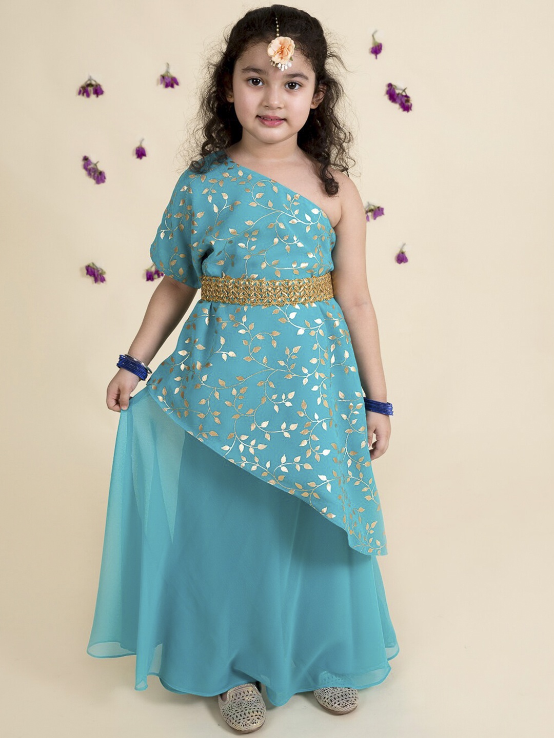 

pspeaches Girls Turquoise Blue Floral Printed Pure Cotton Kurta with Skirt