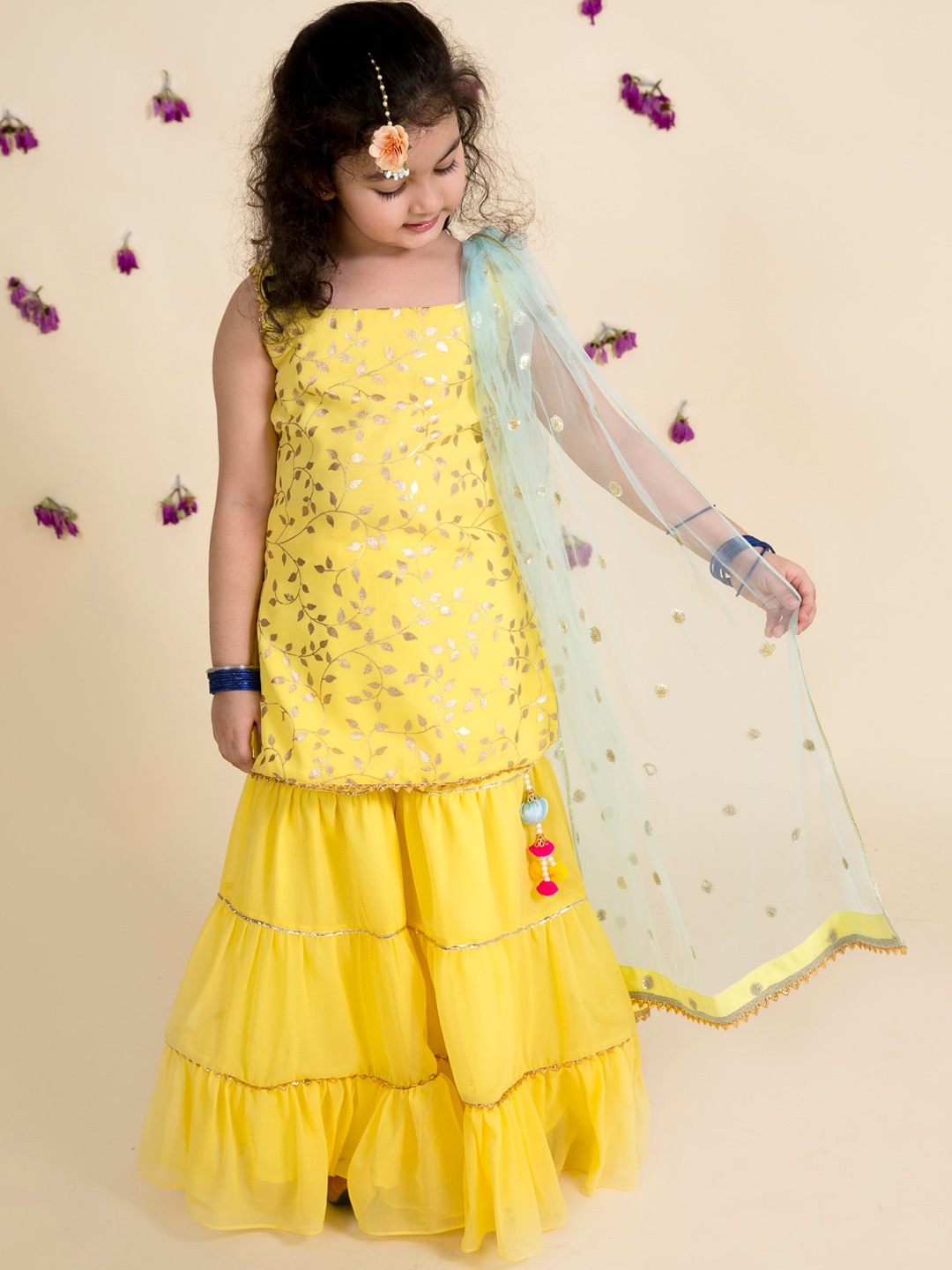 

pspeaches Girls Yellow Embroidered Kurti with Sharara & With Dupatta