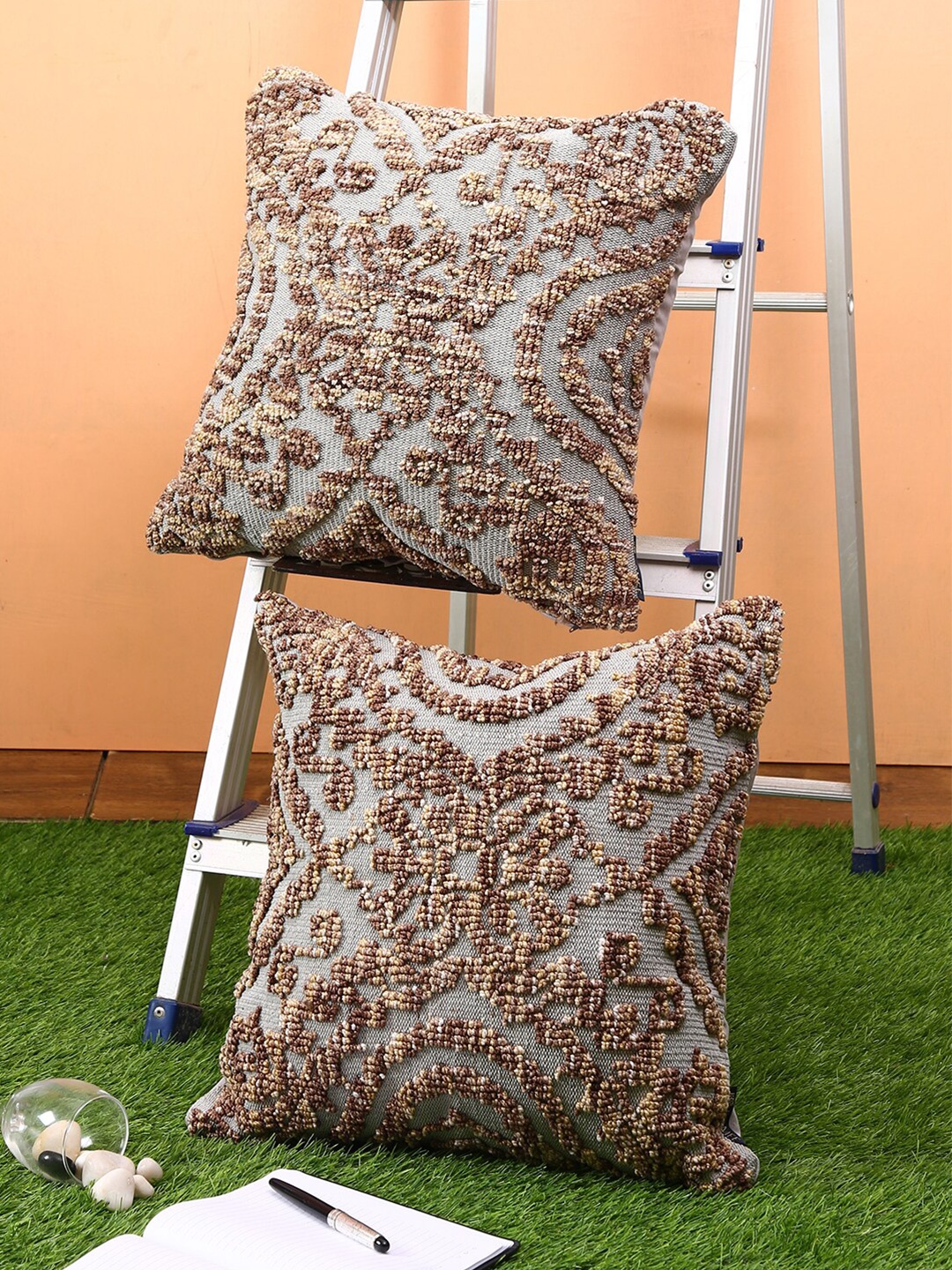 

ROMEE Brown Set of 2 Ethnic Motifs Square Cushion Covers