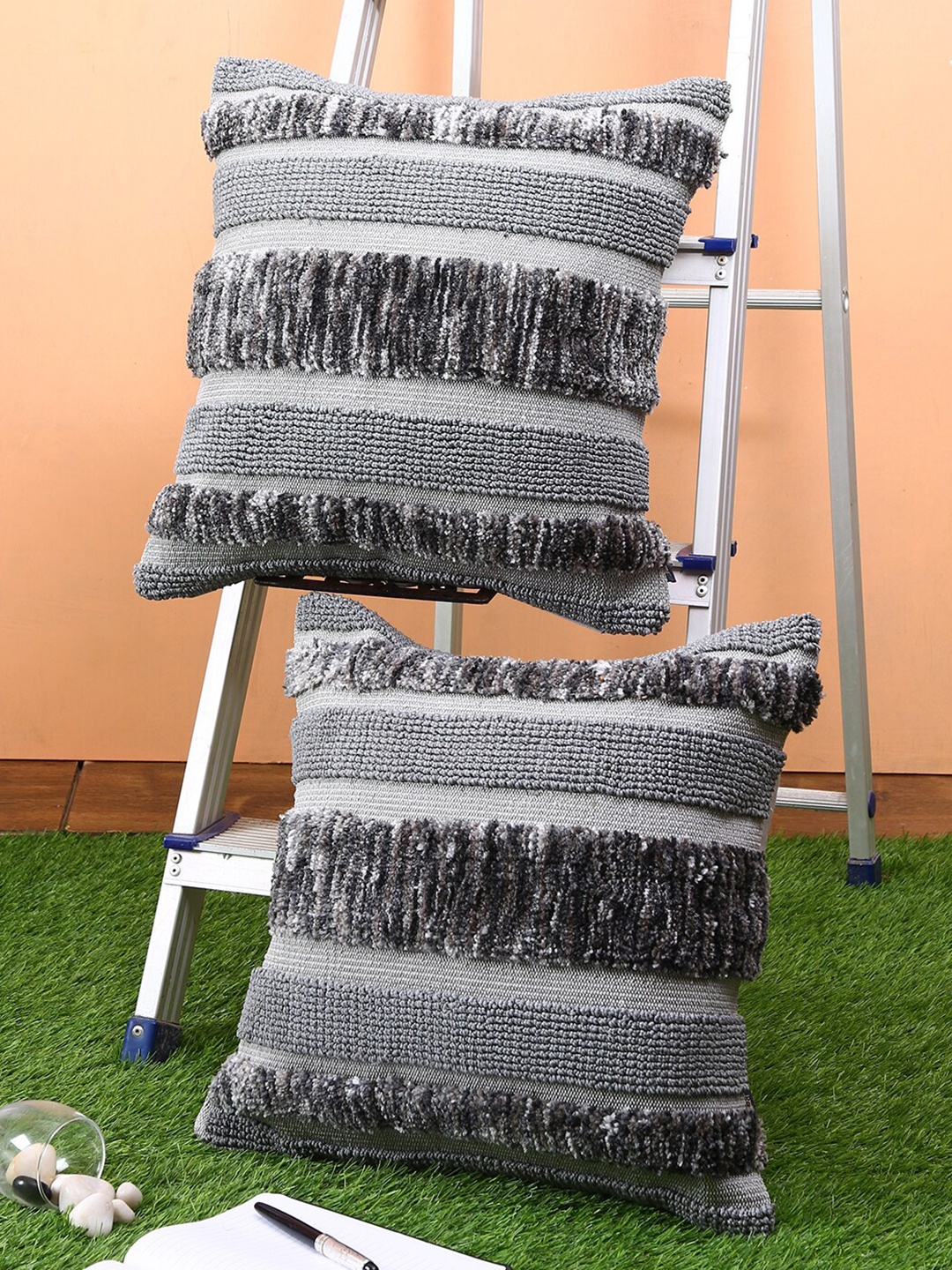 

ROMEE Grey Set of 2 Striped Square Cushion Covers