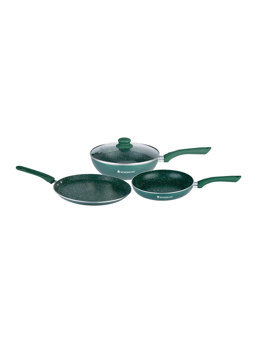 

Wonderchef Set Of 3 Olive Green & Black Printed 5-Layer Non-Stick Cookware