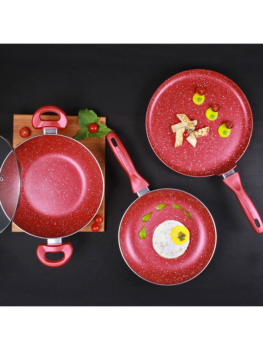 

Wonderchef Set Of 3 Red & Transparent Garnet Non-Stick Cookware Set