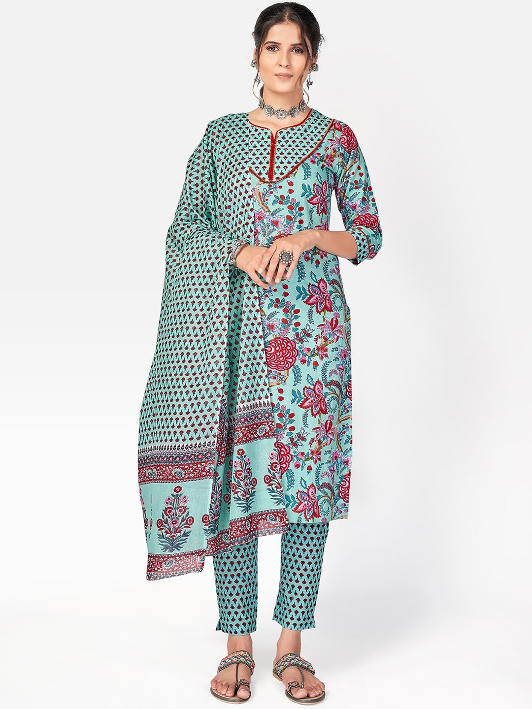 

Vbuyz Women Turquoise Blue Ethnic Motifs Printed Pure Cotton Kurta with Trousers & Dupatta