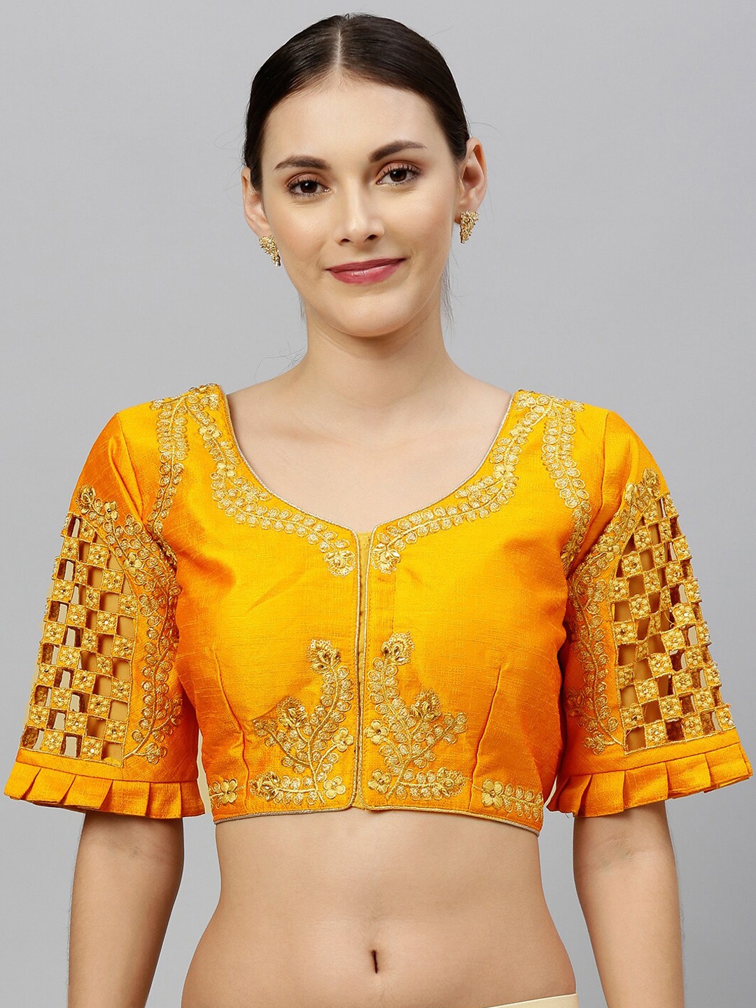 

Amrutam Fab Women Yellow & Gold-Coloured Embroidered Silk Readymade Saree Blouse