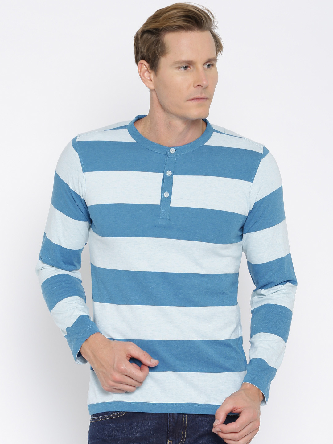 

American Crew Men Blue Striped Henley Neck T-shirt