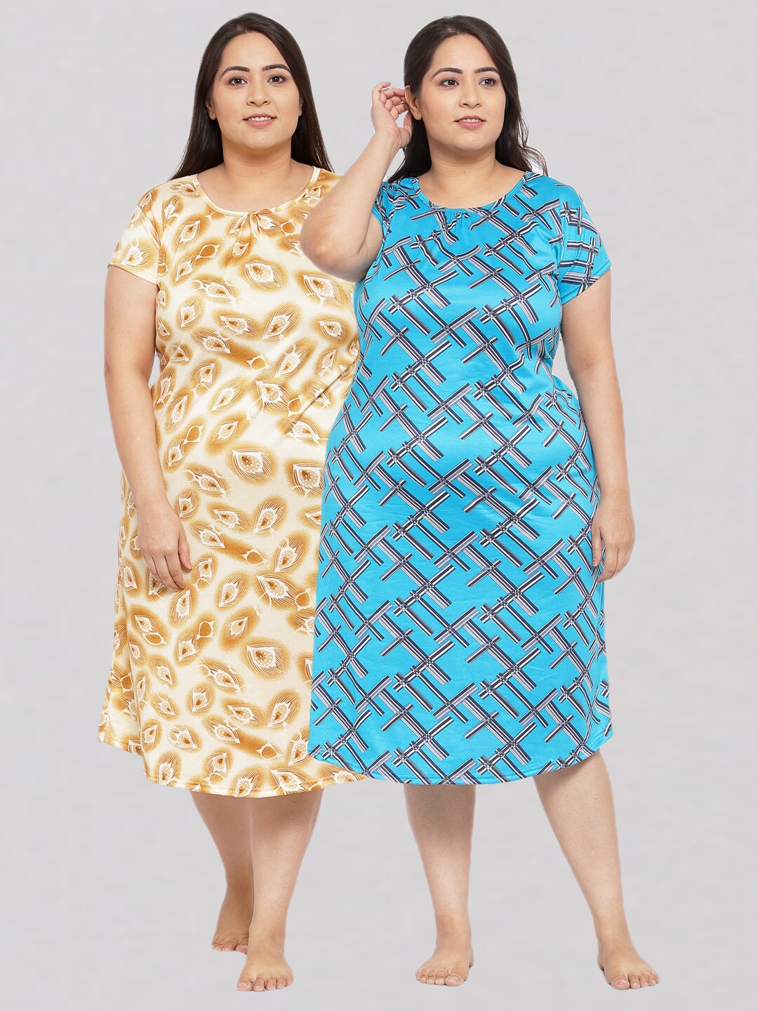 

KLOTTHE Pack of 2 Plus Size Printed Nightdress, Blue