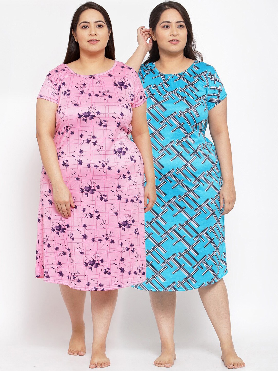 

KLOTTHE Pack of 2 Blue & Pink Printed Nightdress