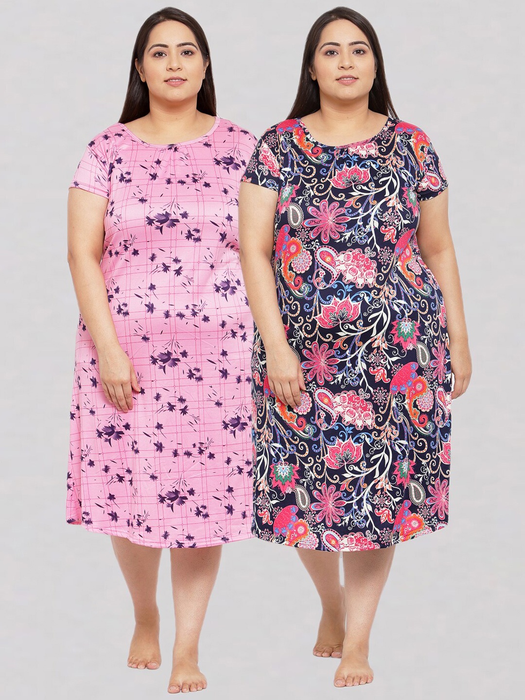 

KLOTTHE Multicoloured Set of 2 Printed Plus Size Nightdress, Multi