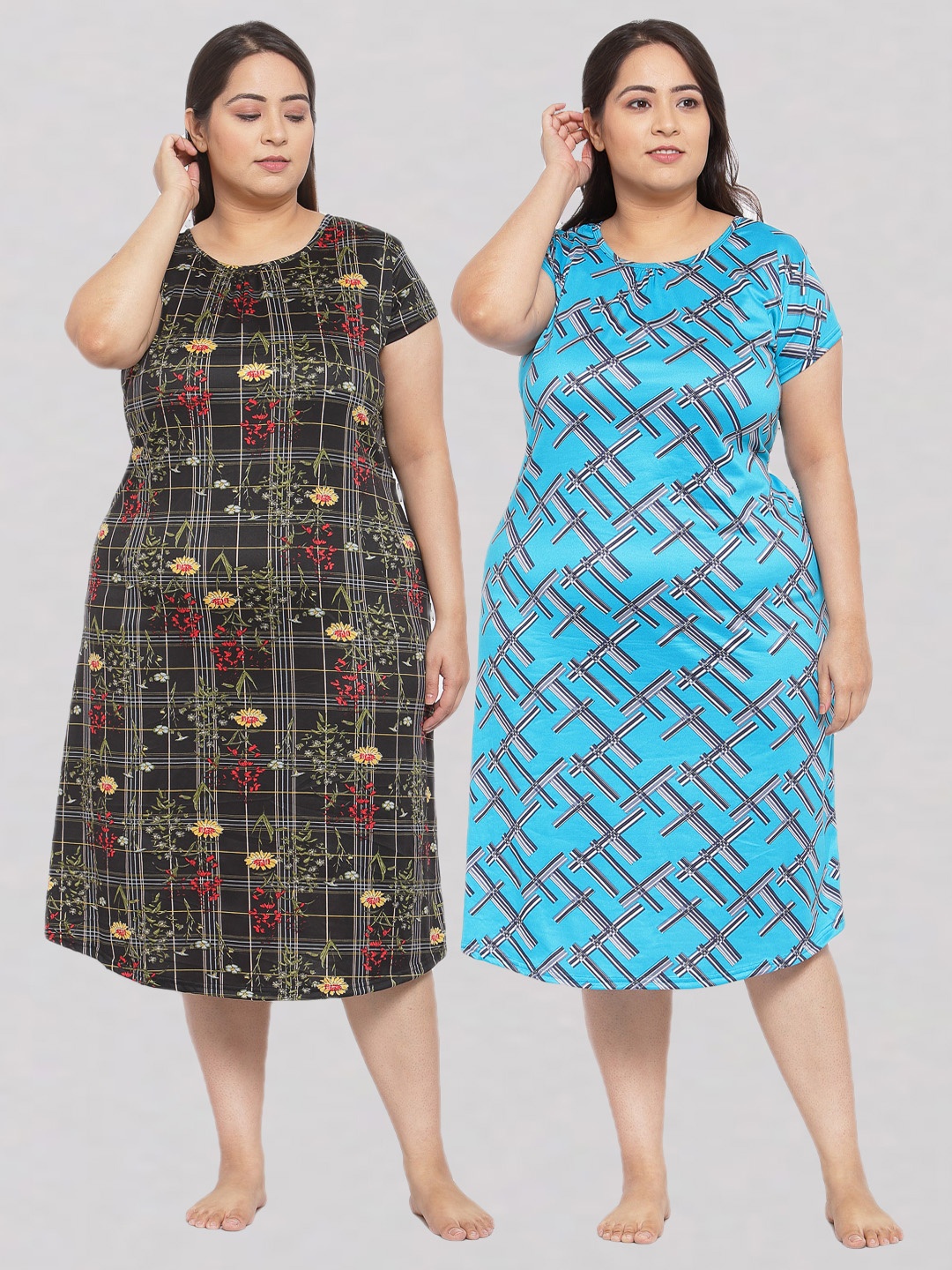 

KLOTTHE Pack of 2 Black & Blue Printed Nightdress
