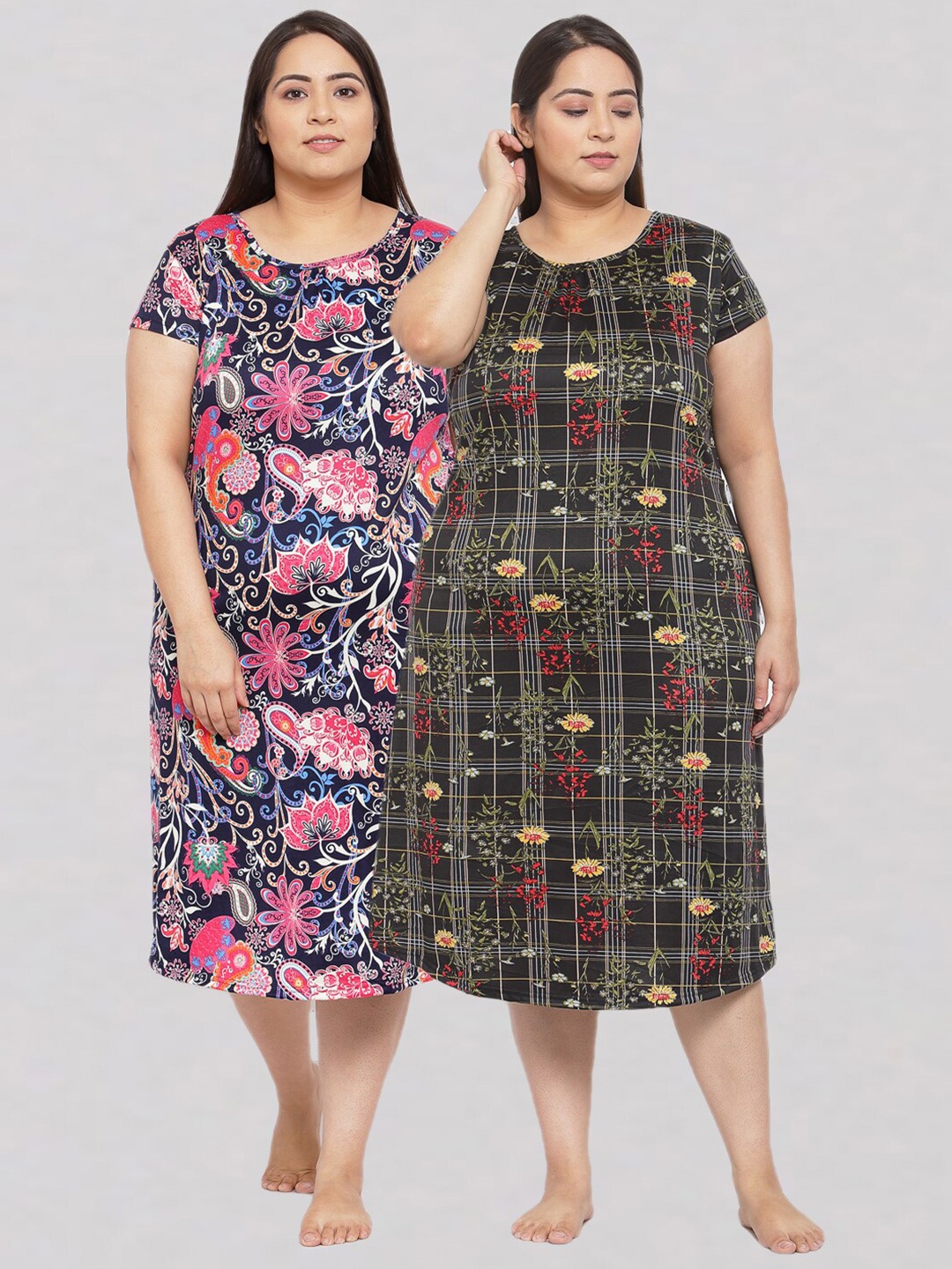 

KLOTTHE Pack of 2 Blue & Green Printed Plus Size Nightdresses