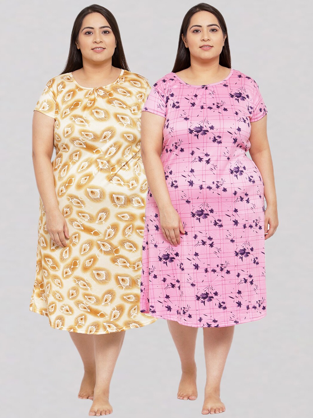 

KLOTTHE Pack of 2 Plus Size Printed Nightdress, Pink