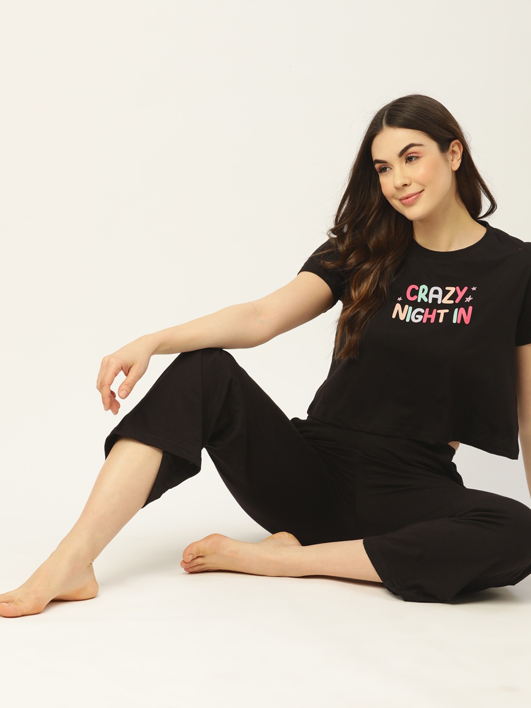 

DressBerry Women Typography Black Printed Pyjama Set