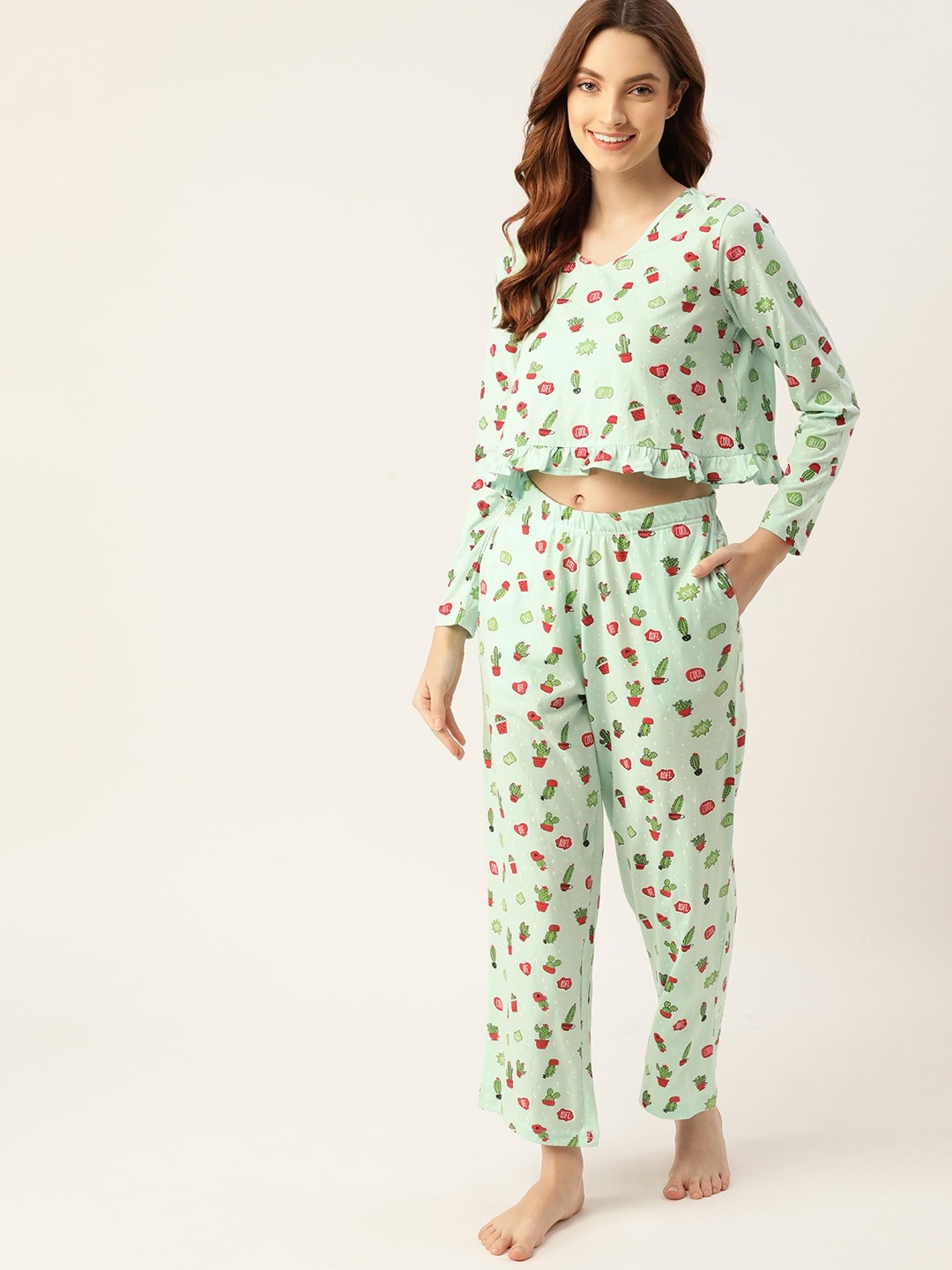 

DressBerry Women Sea Green & Red Printed Night suit