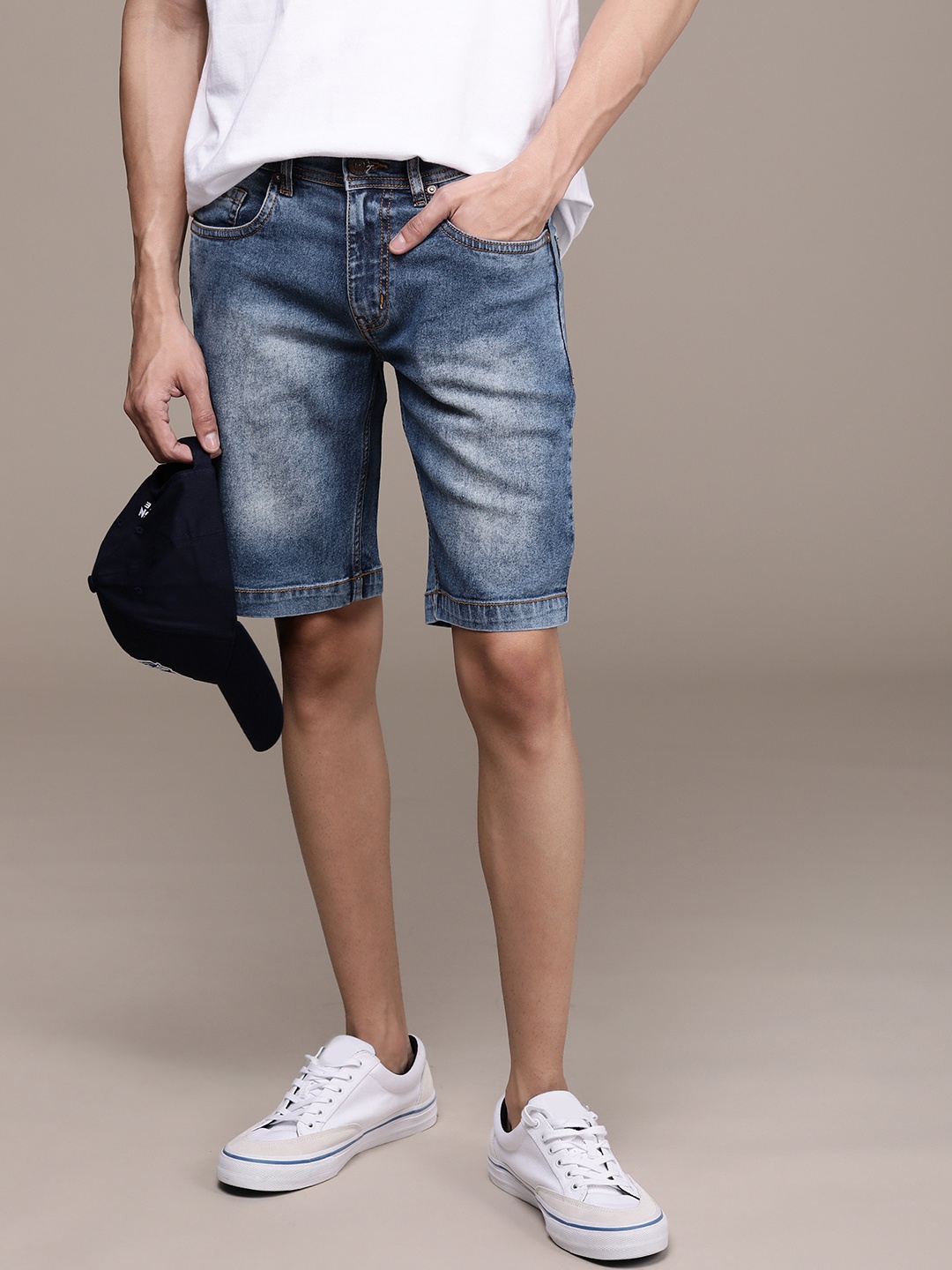 

High Star Men Blue Washed Mid-Rise Denim Shorts