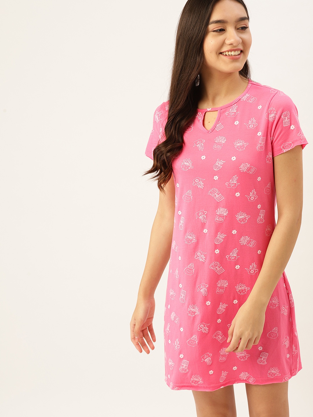 

DressBerry Pink & Off-White Printed Nightdress