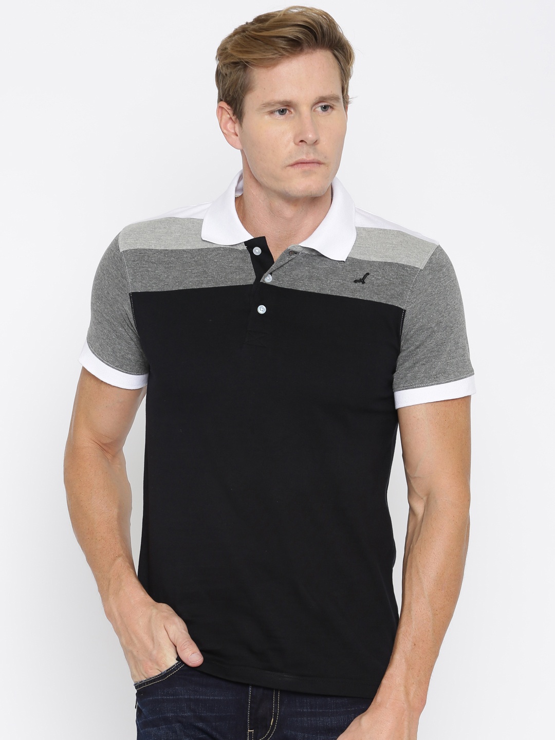 

American Crew Men Black Striped Polo T-shirt, Multi