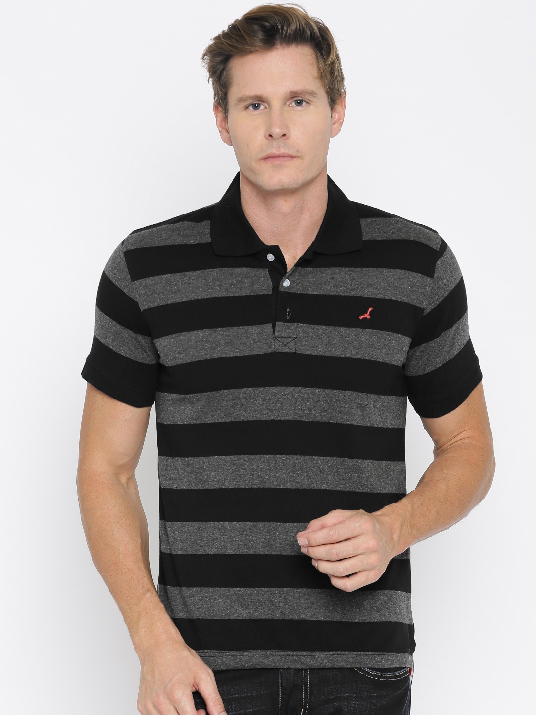 

American Crew Men Black & Charcoal Grey Striped Polo T-shirt