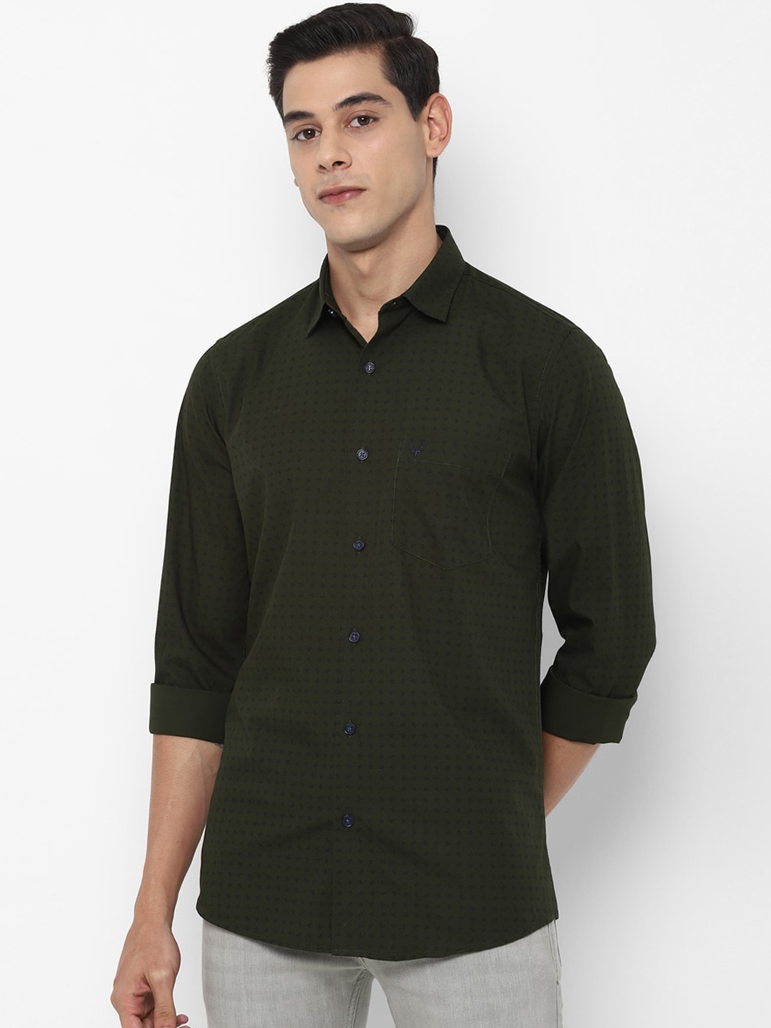

Allen Solly Men Olive Green Pure Cotton Slim Fit Checked Casual Shirt