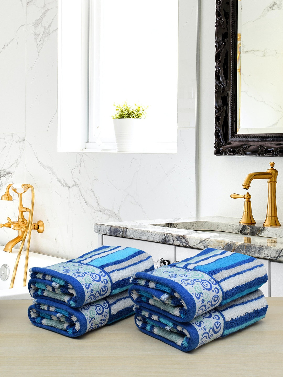 

RANGOLI Set Of 4 White & Turquoise Blue Striped 450 GSM Pure Cotton Hand Towels
