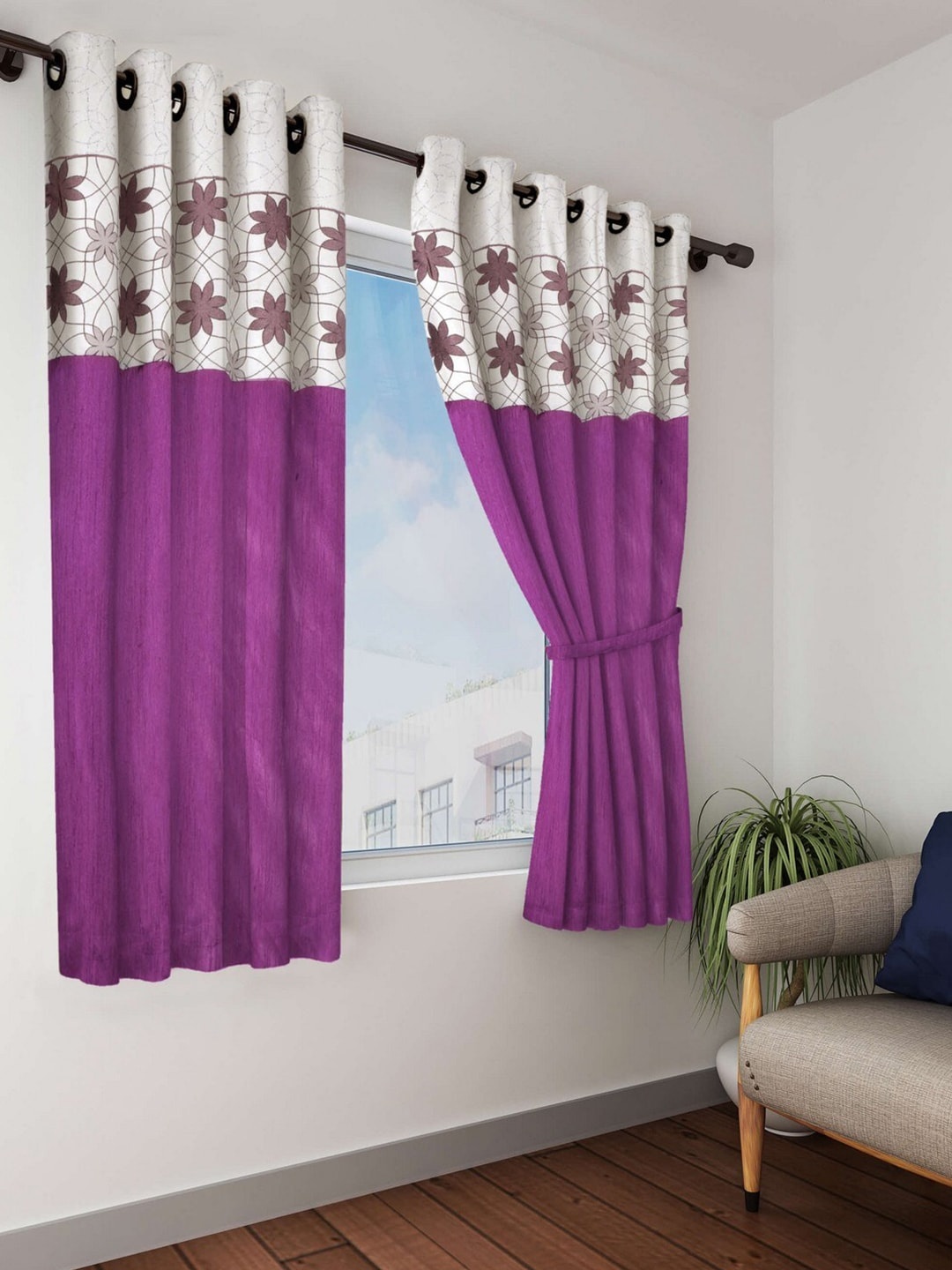 

BIANCA Purple & White Set of 2 Floral Black Out Window Curtain