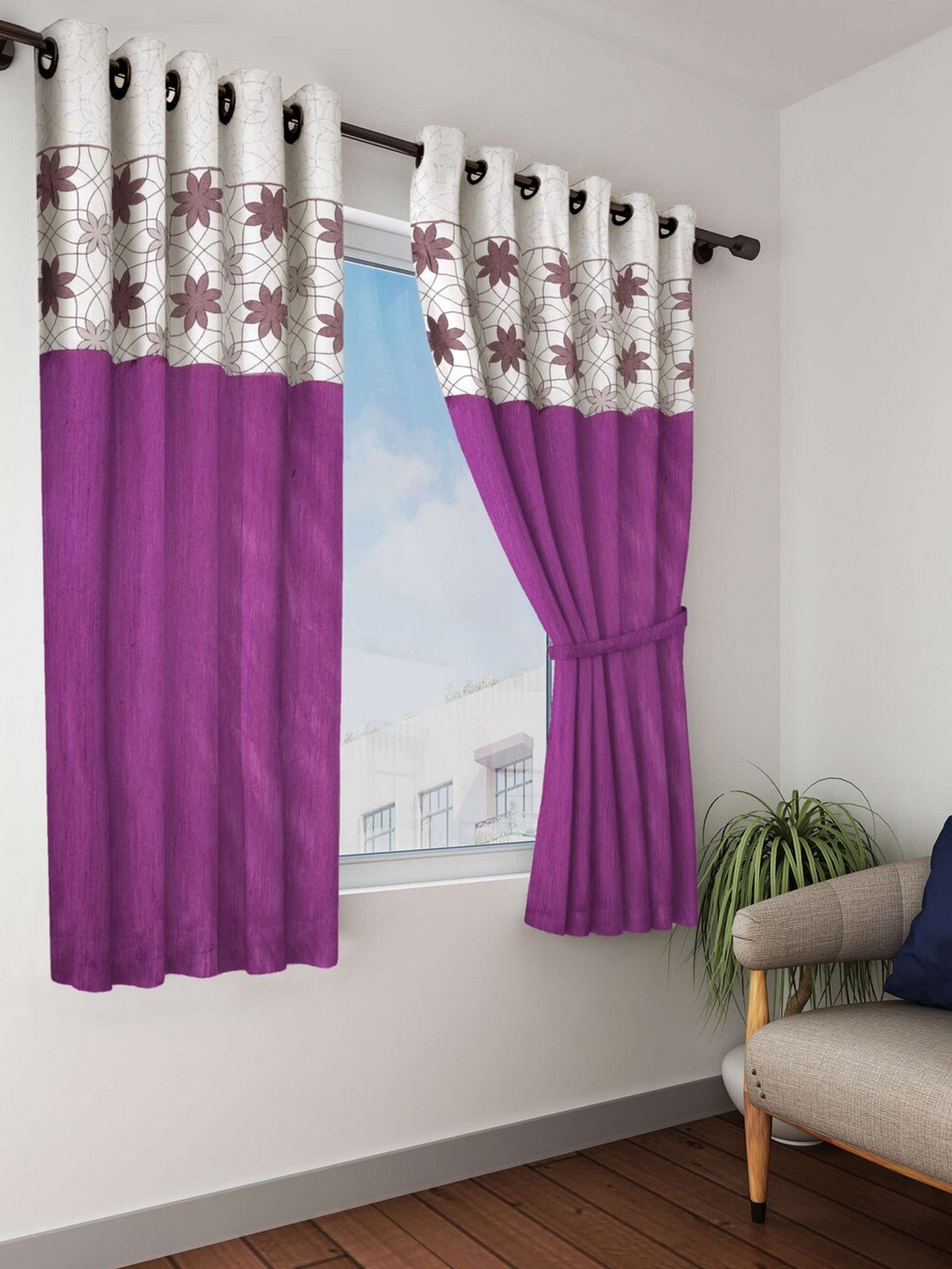 

BIANCA Purple & White Floral Black Out Window Curtain