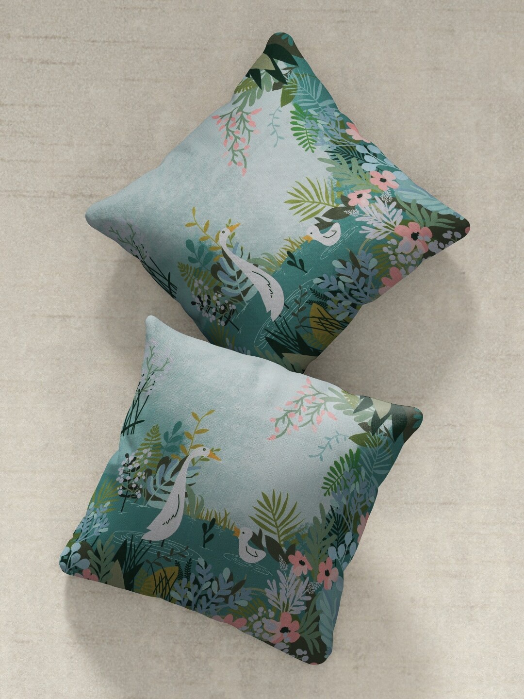 

DDecor Turquoise Blue & Green Set of 2 Floral Square Cushion Covers
