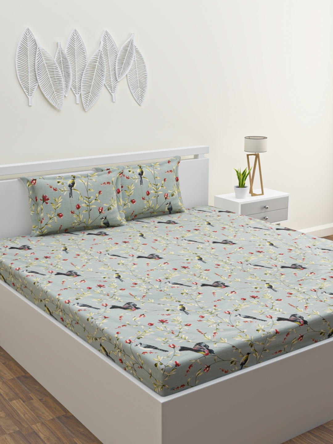 

HOME AFFAIRS Olive Green & Red Floral 220 TC King Bedsheet with 2 Pillow Covers