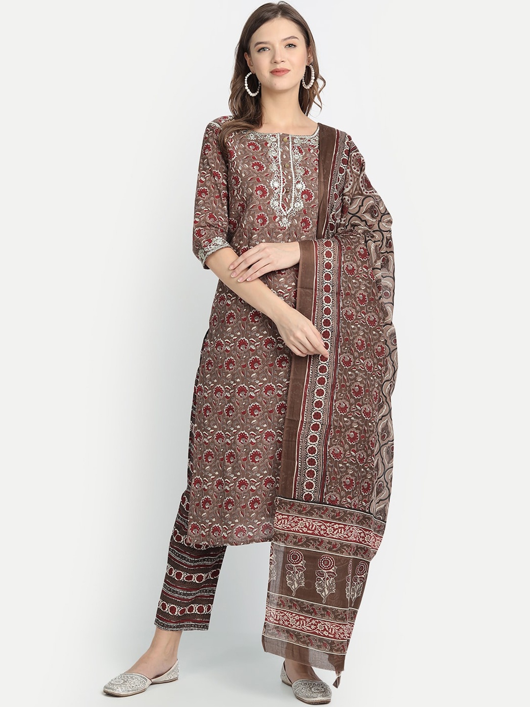 

Anubhutee Women Brown Floral Printed Pure Cotton Kurta with Trousers & With Dupatta