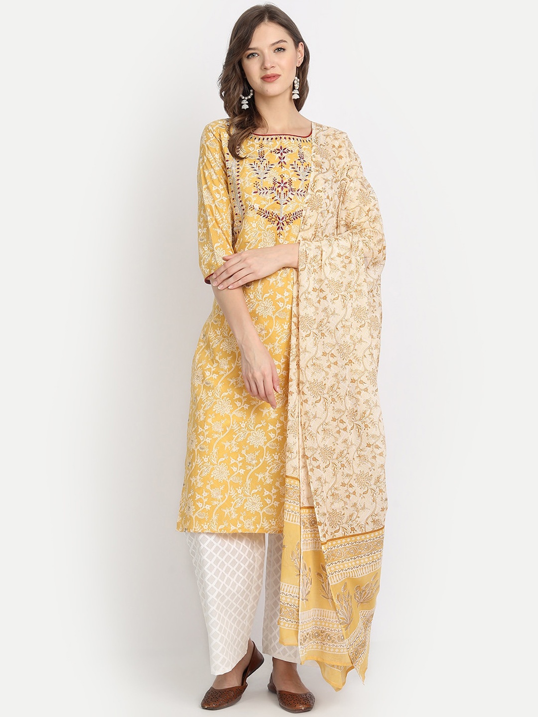 

Anubhutee Women Yellow Ethnic Motifs Printed Panelled Pure Cotton Kurta with Palazzos & With Dupatta
