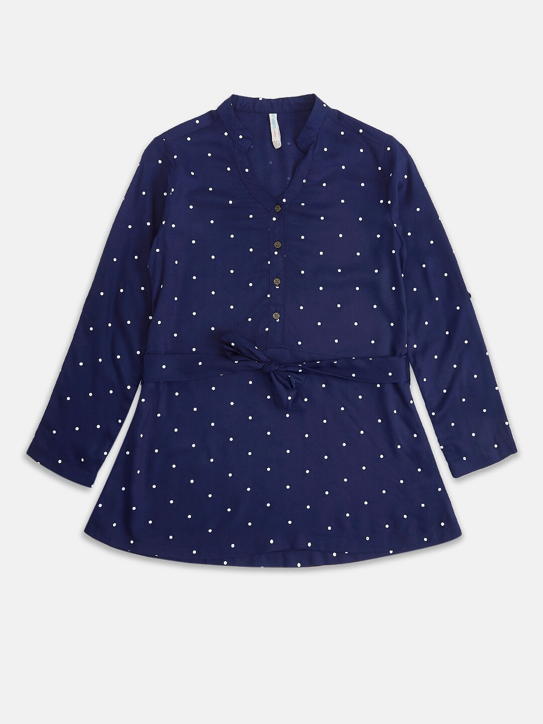 

Pantaloons Junior Girls Navy Blue Mandarin Collar Cinched Waist Top