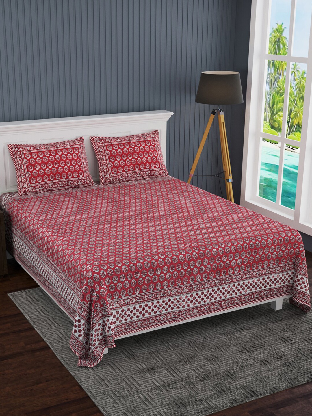 

LIVING ROOTS Red & Beige Floral 210 TC King Bedsheet with 2 Pillow Covers