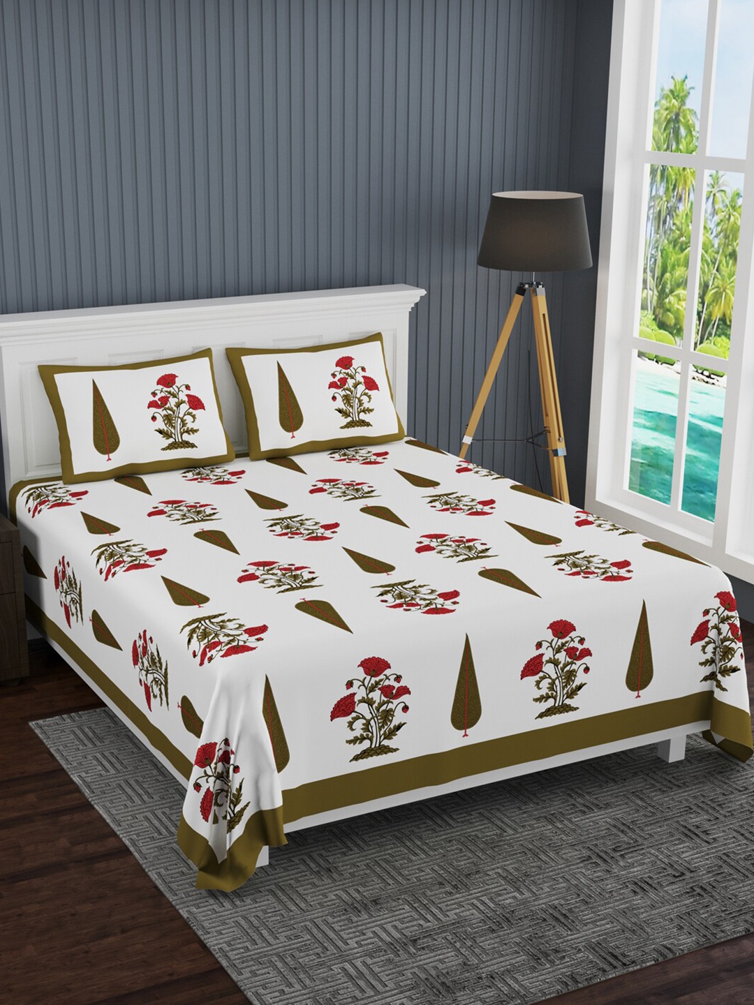

LIVING ROOTS White & Green Floral 210 TC Cotton King Bedsheet with 2 Pillow Covers