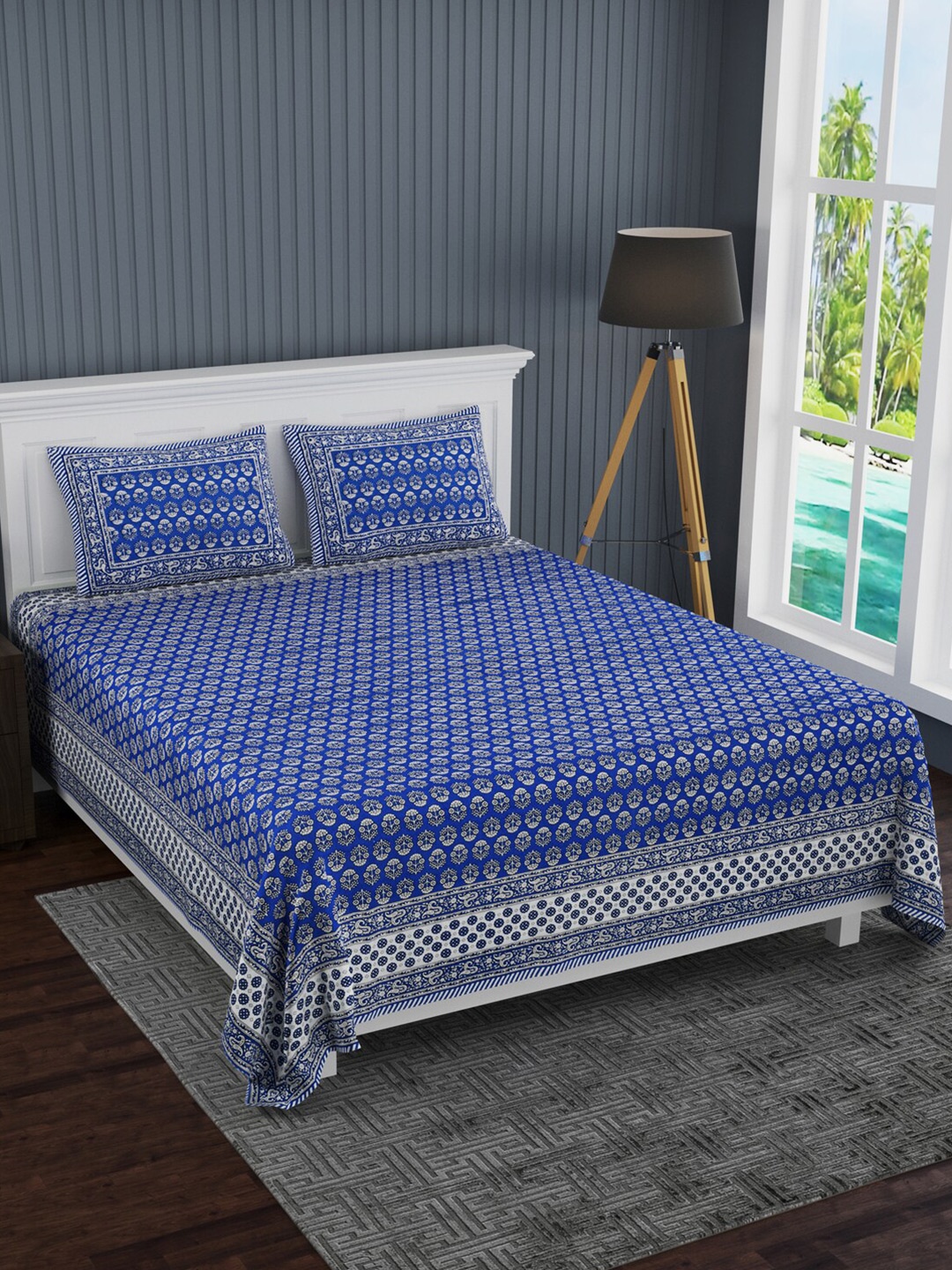 

LIVING ROOTS Blue & Beige Floral 210 TC King Bedsheet with 2 Pillow Covers