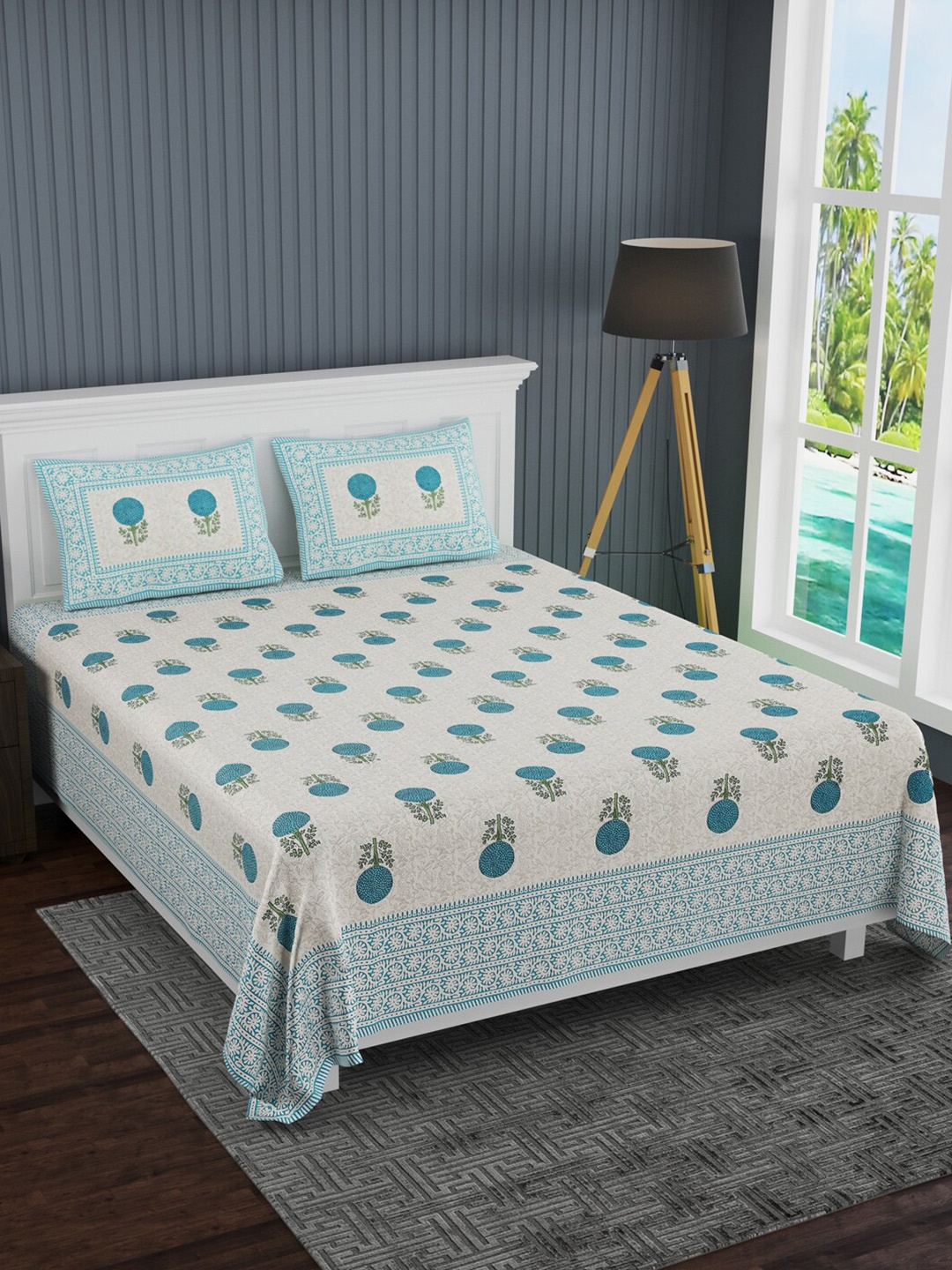 

LIVING ROOTS Off White & Turquoise Blue Ethnic Motifs 210 TC King Bedsheet with 2 Pillow Covers