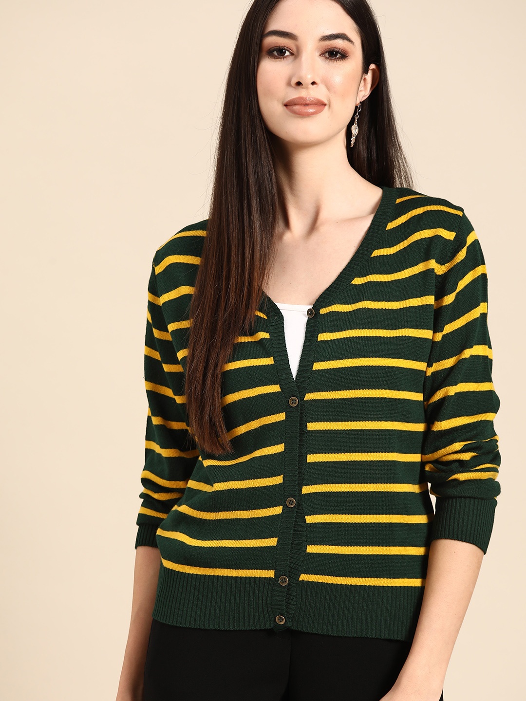 

Anouk Women Olive Green & Mustard Yellow Striped Acrylic Winter Cardigan