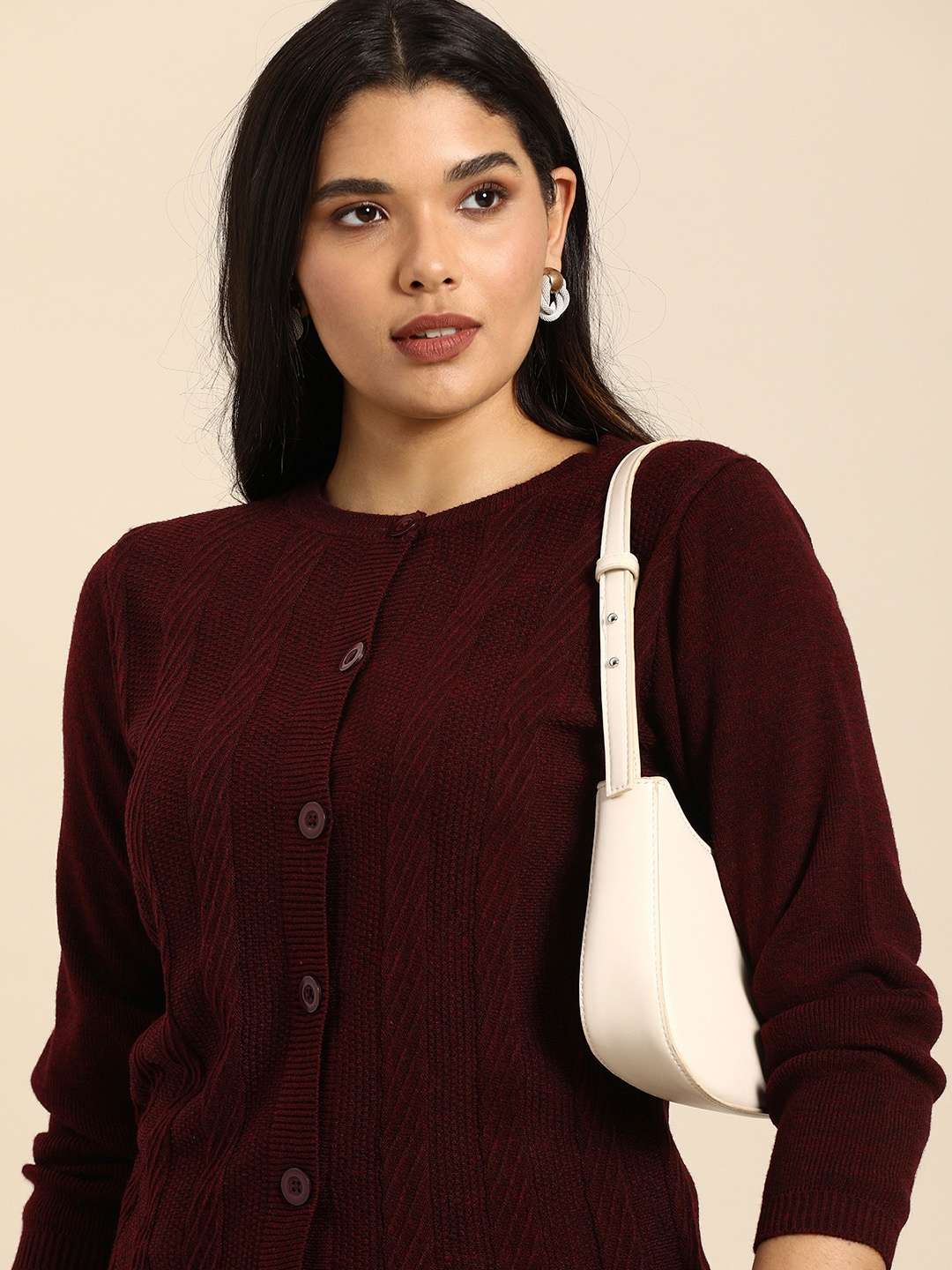 

Anouk Women Maroon Self Design Open Knit Cardigan Sweater
