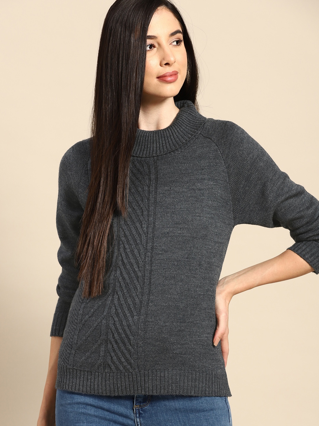 

Anouk Women Charcoal Grey Cable Knit Detail Pullover