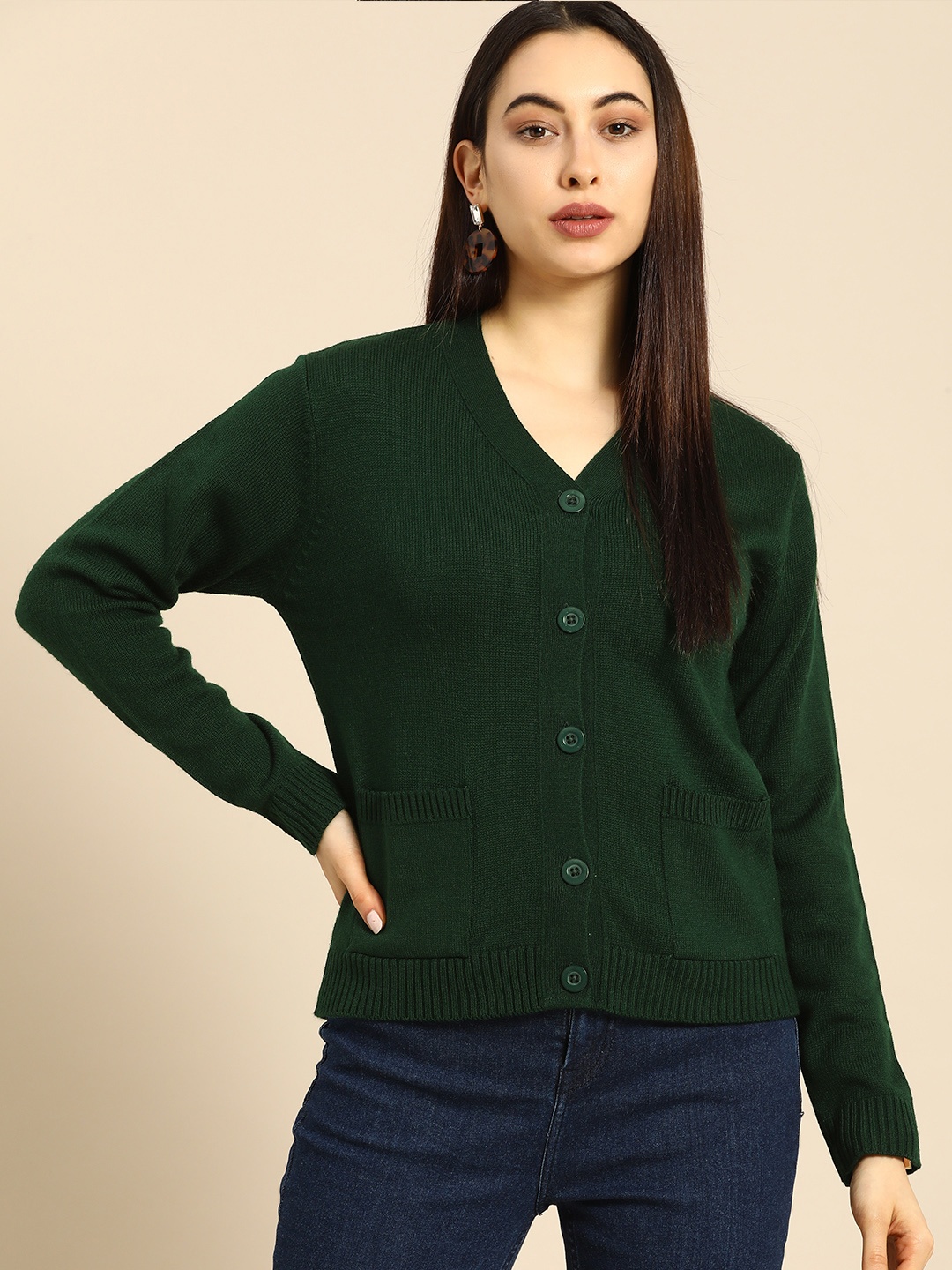 

Anouk Women Green Solid V Necked Sweater Vest