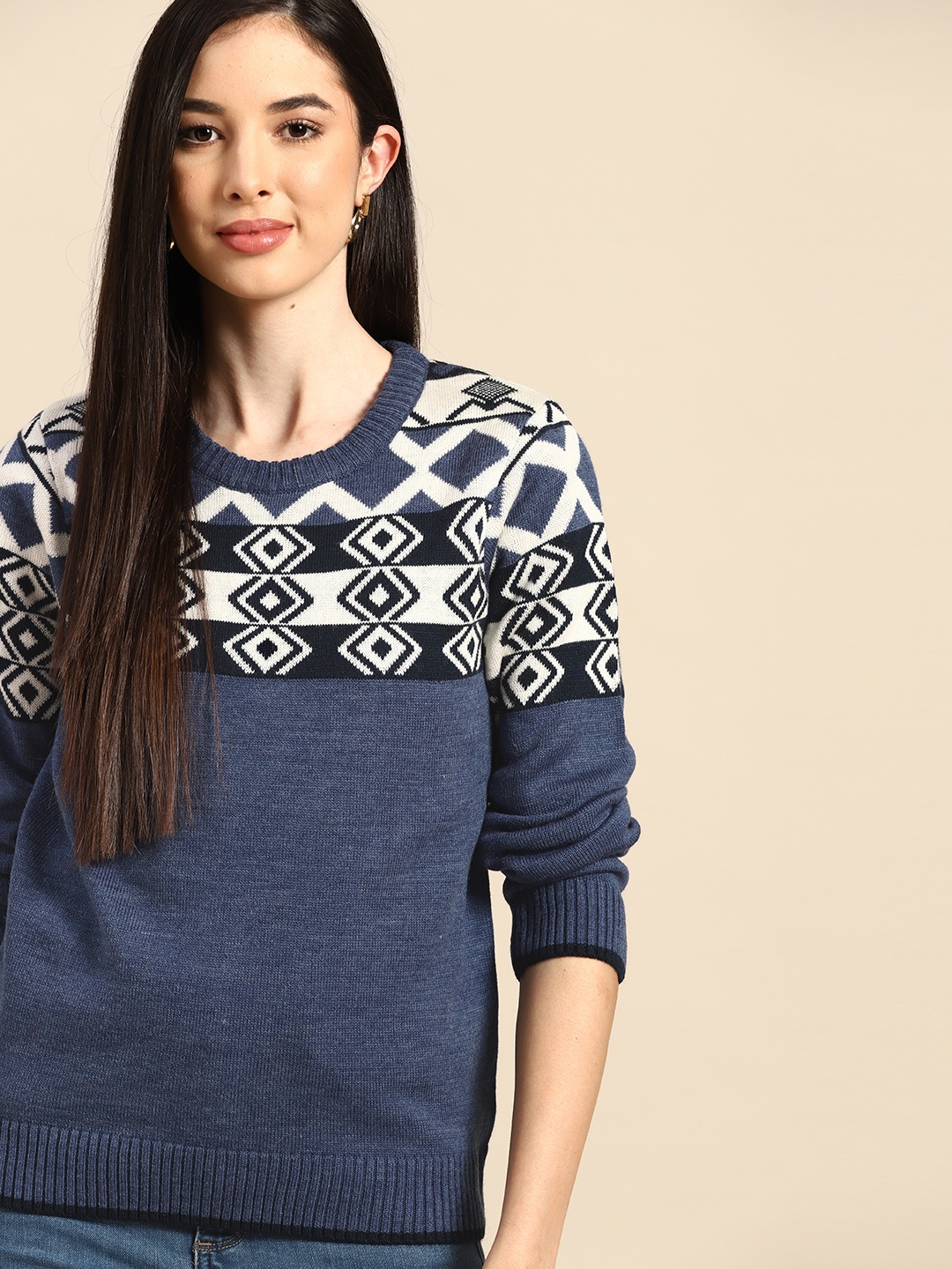

Anouk Women Blue & White Self-Design Pullover