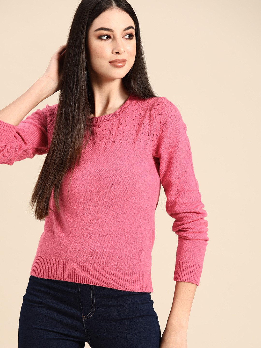 

Anouk Women Pink Solid Acrylic Winter Pullover Sweater with Self-Design Detail