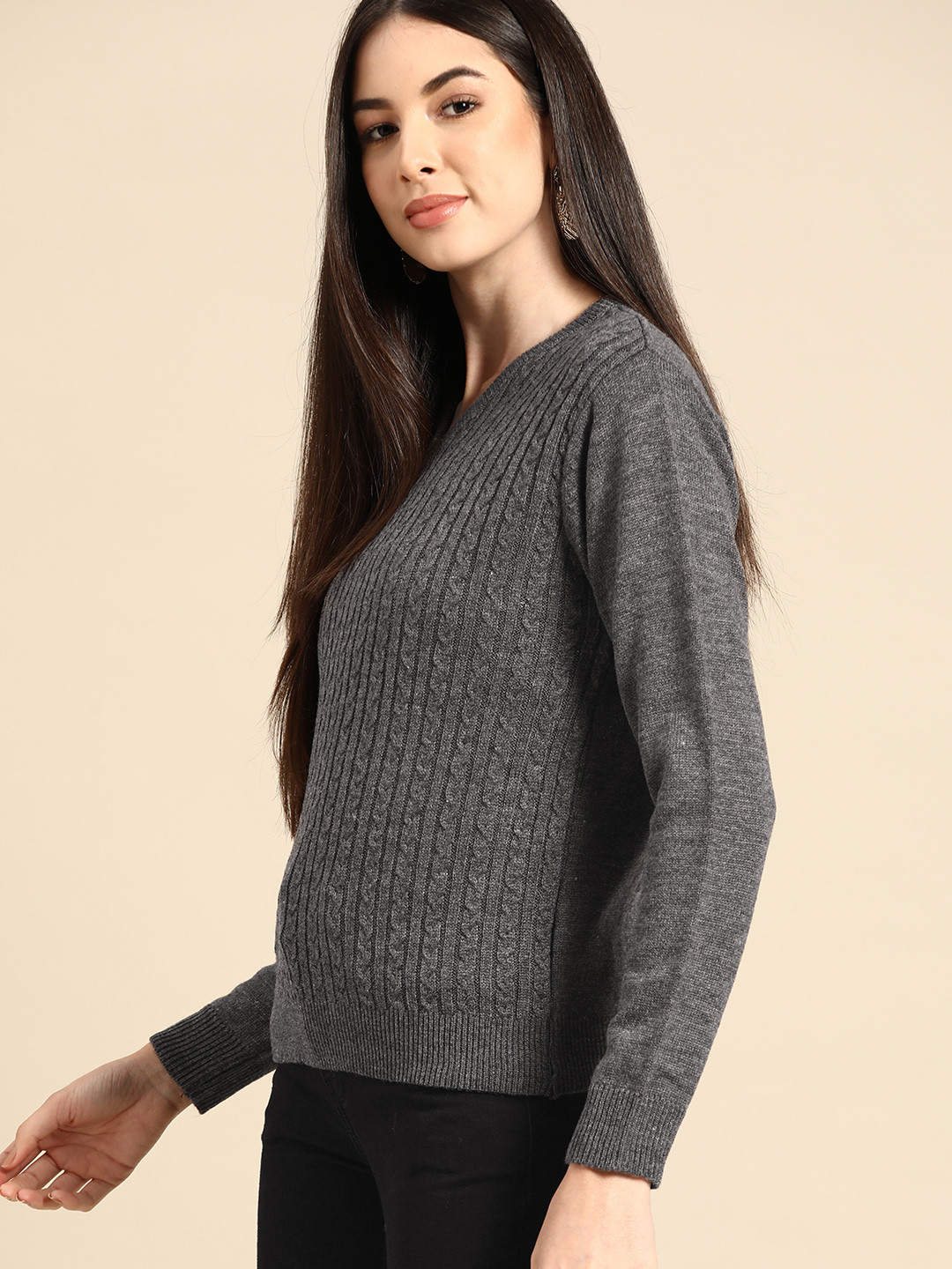 

Anouk Women Charcoal Grey Cable Knit Pullover