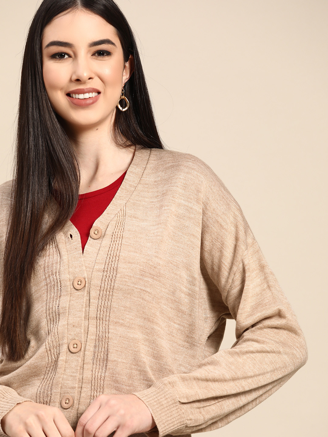 

Anouk Women Beige Solid Cardigan