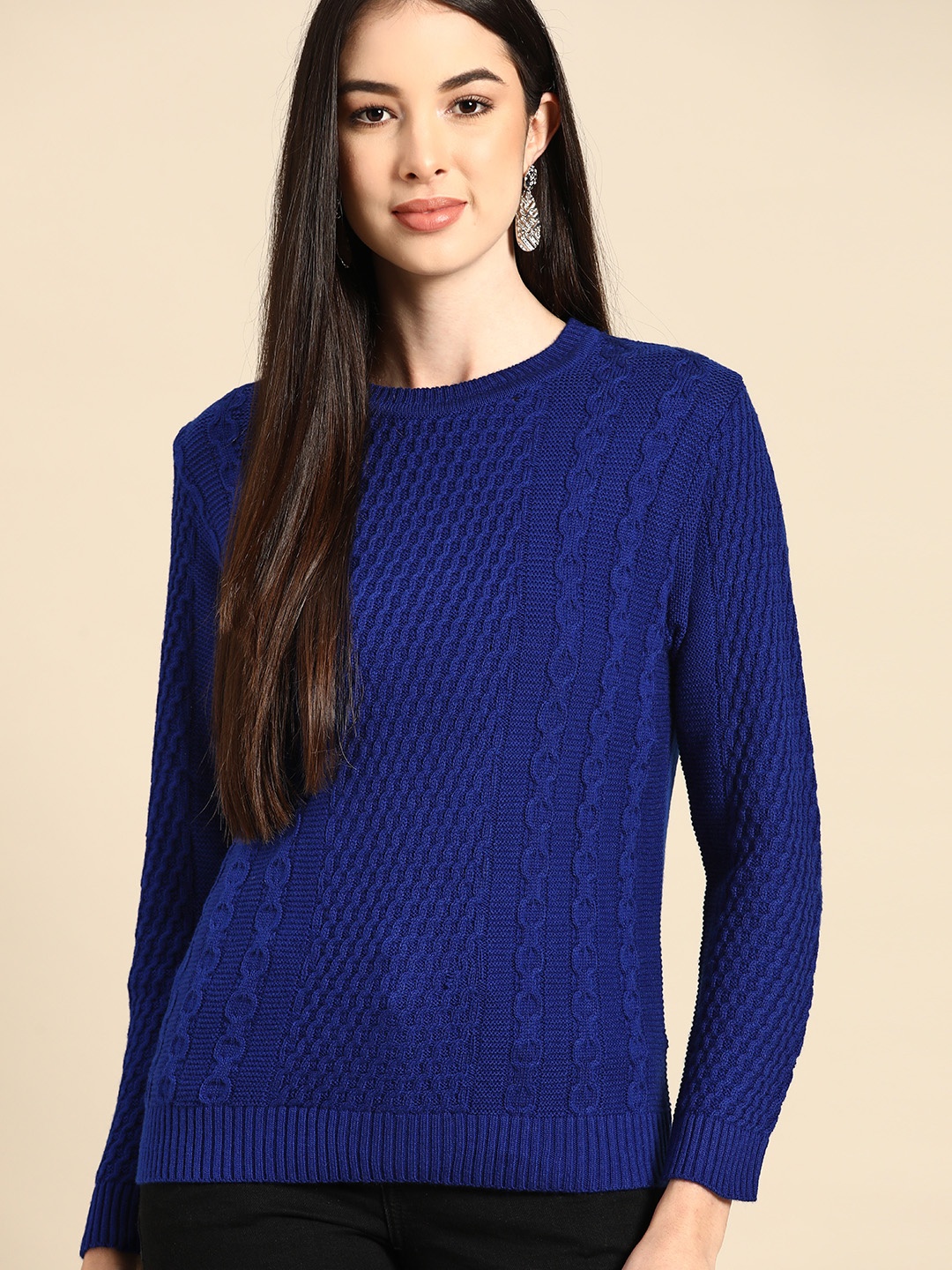 

Anouk Women Navy Blue Cable Knit Pullover
