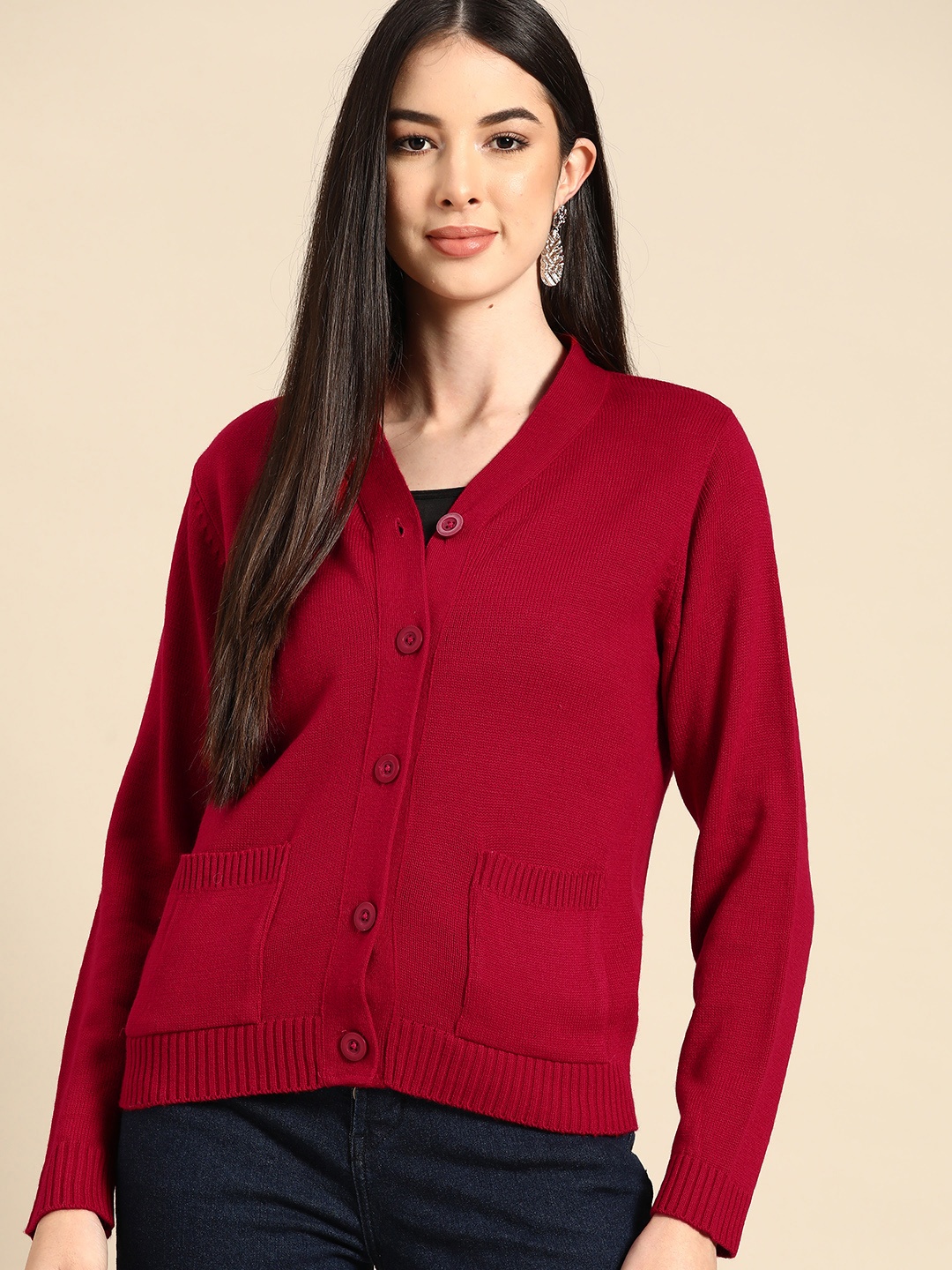 

Anouk Women Maroon Solid Cardigan