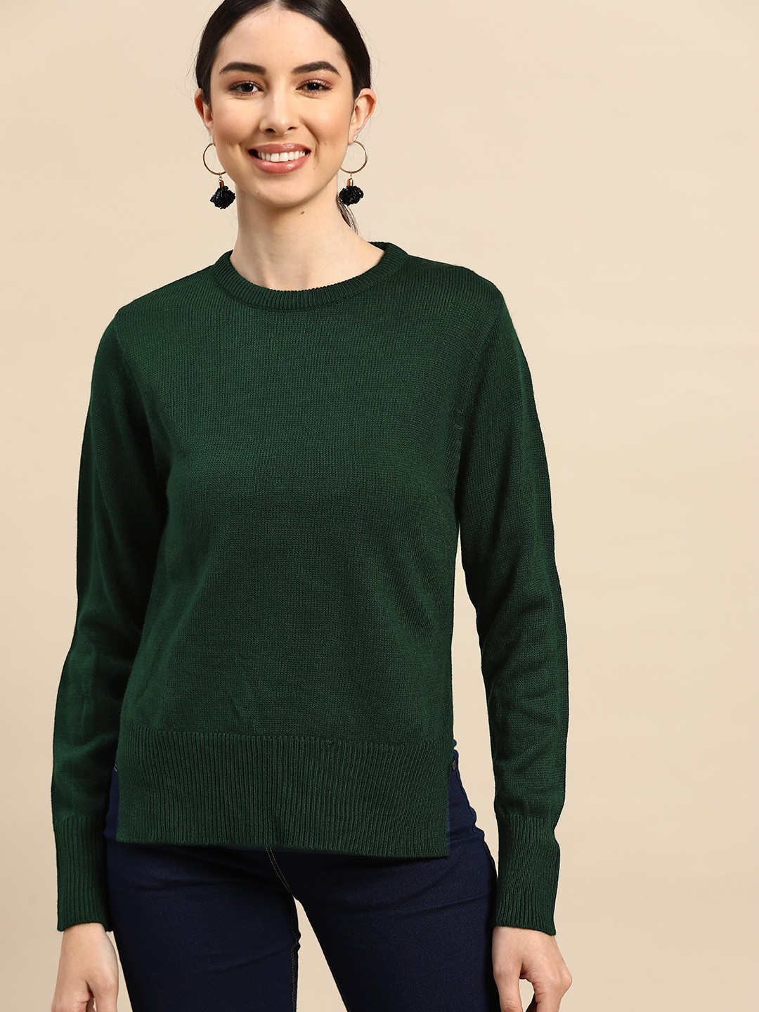 

Anouk Women Green Solid Pullover
