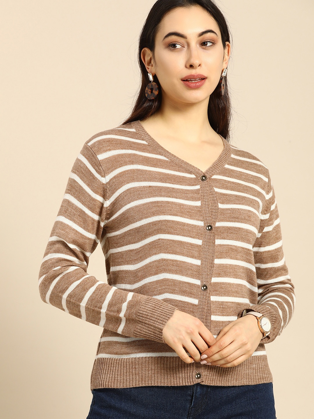 

Anouk Women Beige & Off White Striped V Necked Sweater Vest