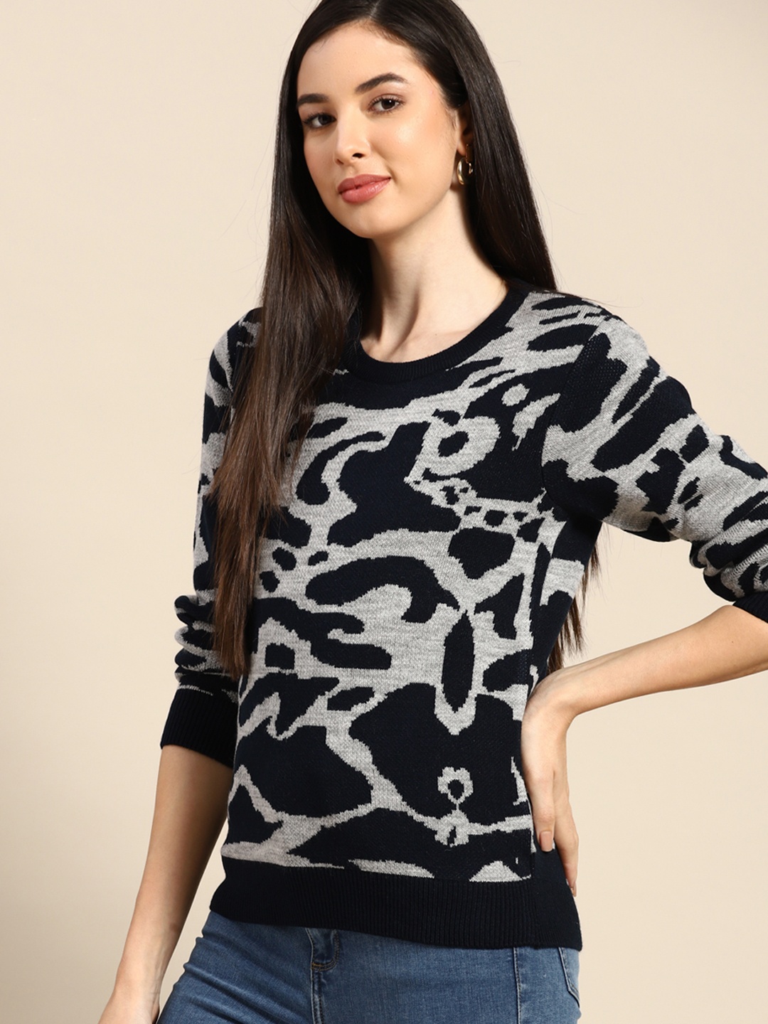 

Anouk Women Navy Blue & Grey Self-Design Pullover