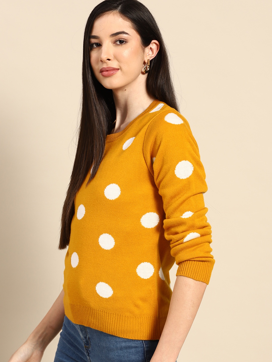

Anouk Women Mustard Yellow & White Self-Design Pullover
